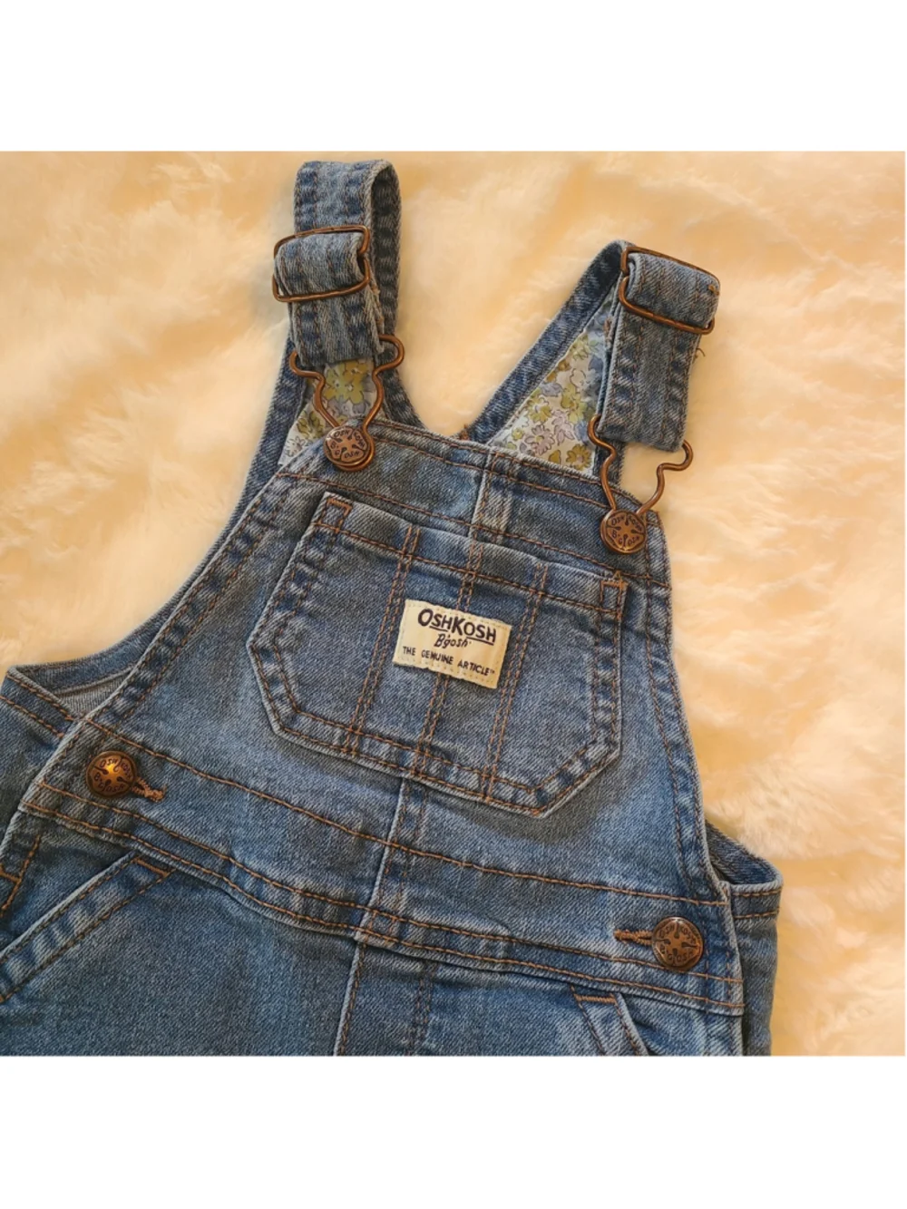 OshKosh B'gosh Denim Bib Overall Girls 9M Blue With Floral Leg Cuffs Trim Jean